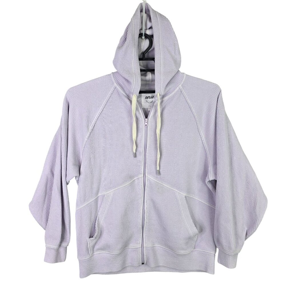 Womens Aerie Lavender Ribbed Full Zip Hoodie Cotton Blend Drawstring Size S